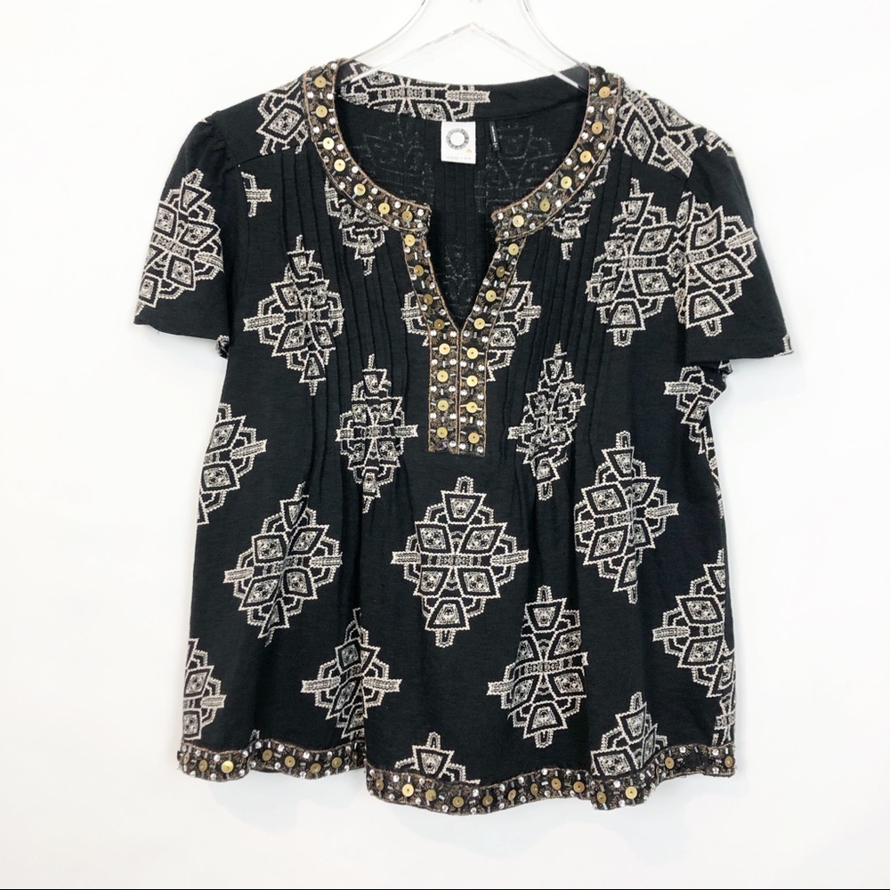 Akemi + Kin Romy Block Print Beaded Top S